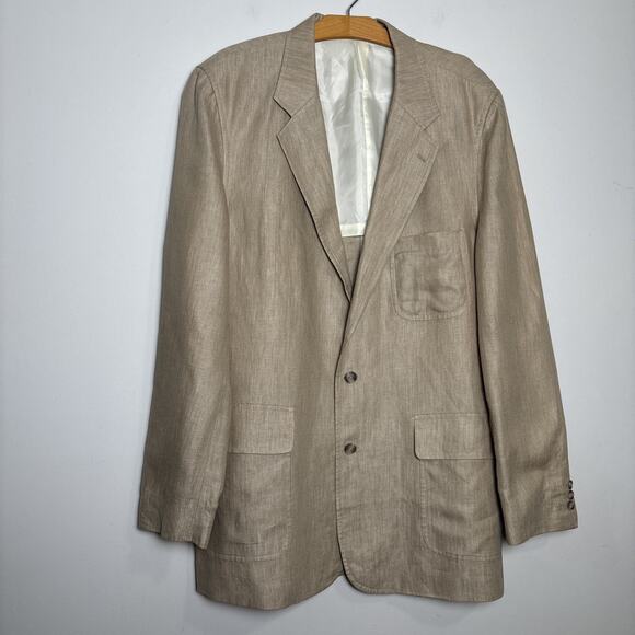 W.H. Belk Mens Linen Blazer Size 46 Long Tan Jacket Coastal Herringbone Weave - Picture 1 of 8
